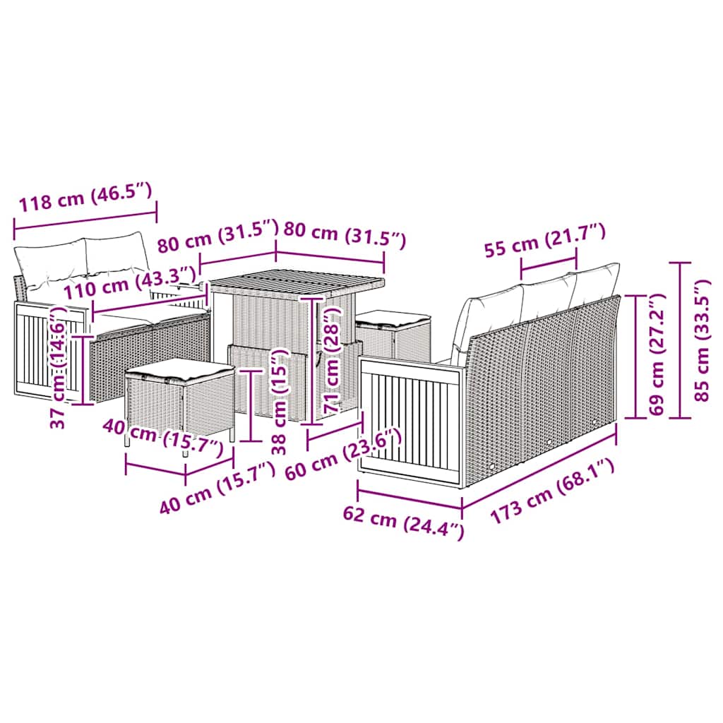 vidaXL Garten-Sofa-Set mit Kissen 8 pcs Schwarz