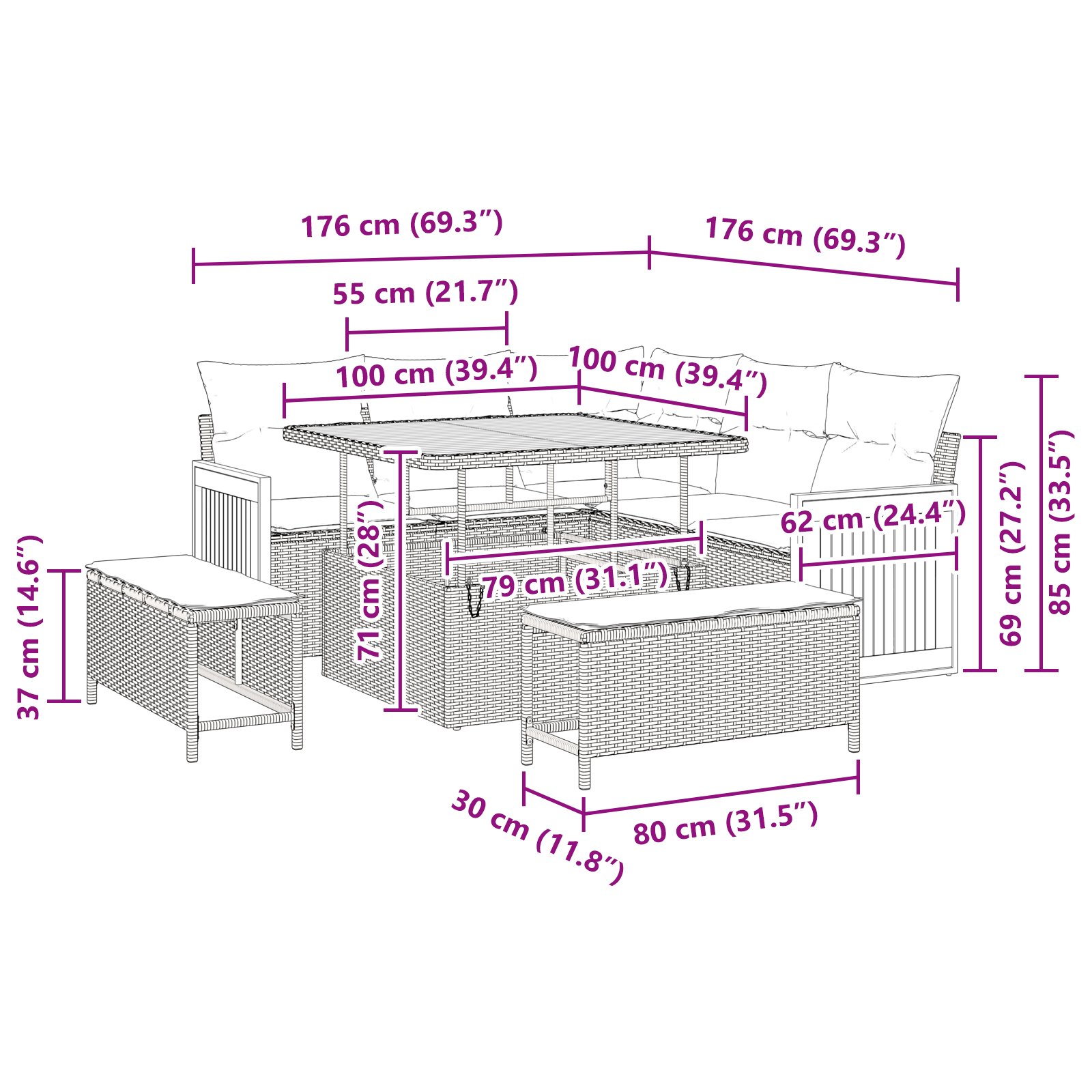 vidaXL Garten-Sofa-Set mit Kissen 8 pcs Schwarz