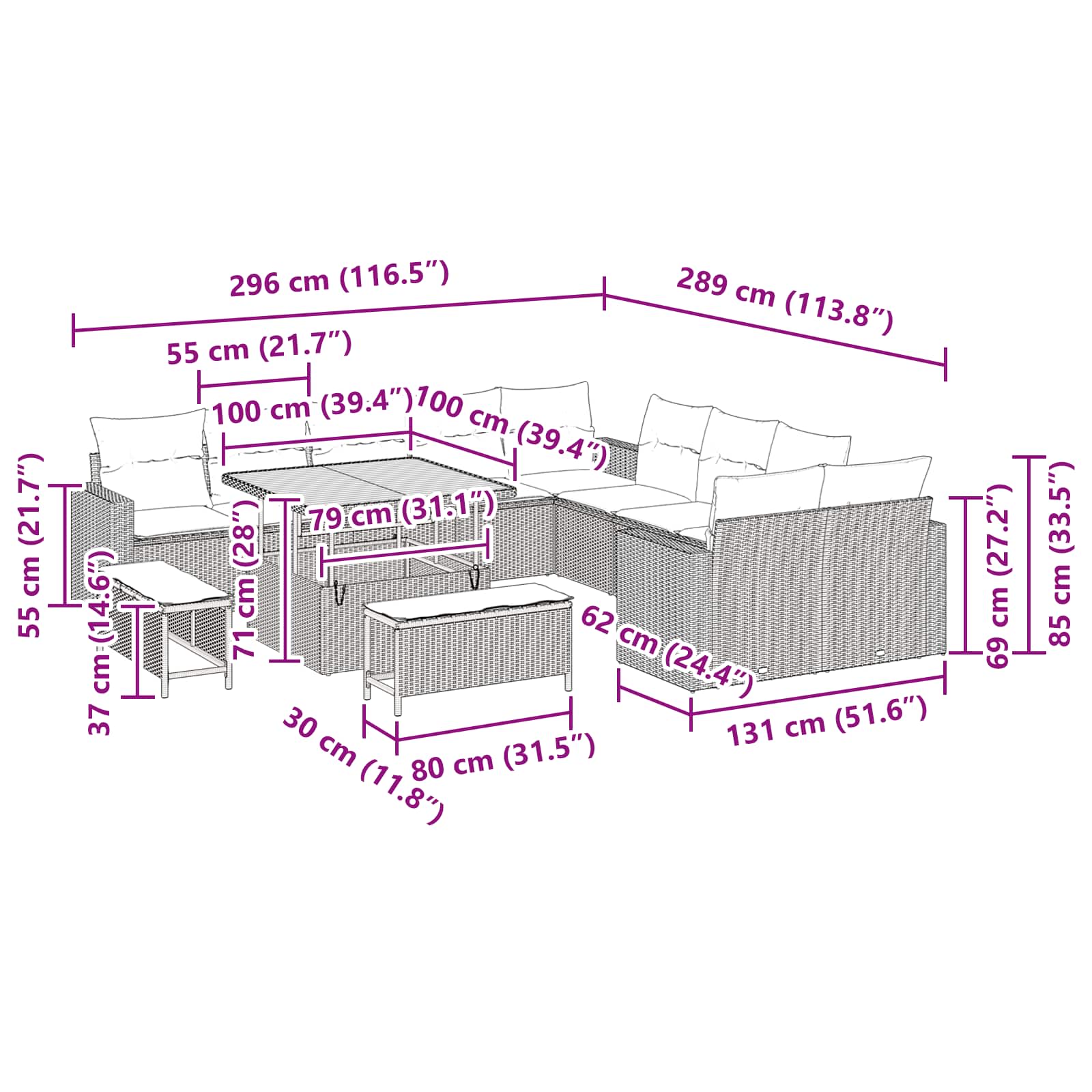 vidaXL Garten-Sofa-Set mit Kissen mit Speicher 13 pcs Schwarz