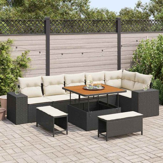 vidaXL Gartensofa-set mit Kissen 9 pcs Schwarz Poly-Rattan