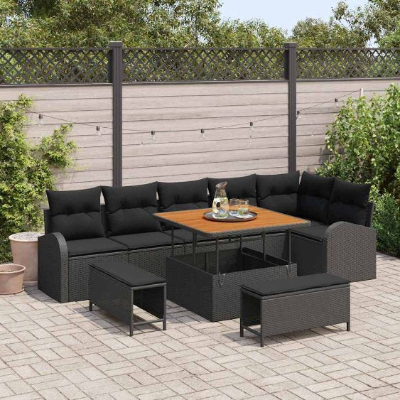 vidaXL Garten-Sofa-Set mit Kissen mit Speicher 9 pcs Schwarz