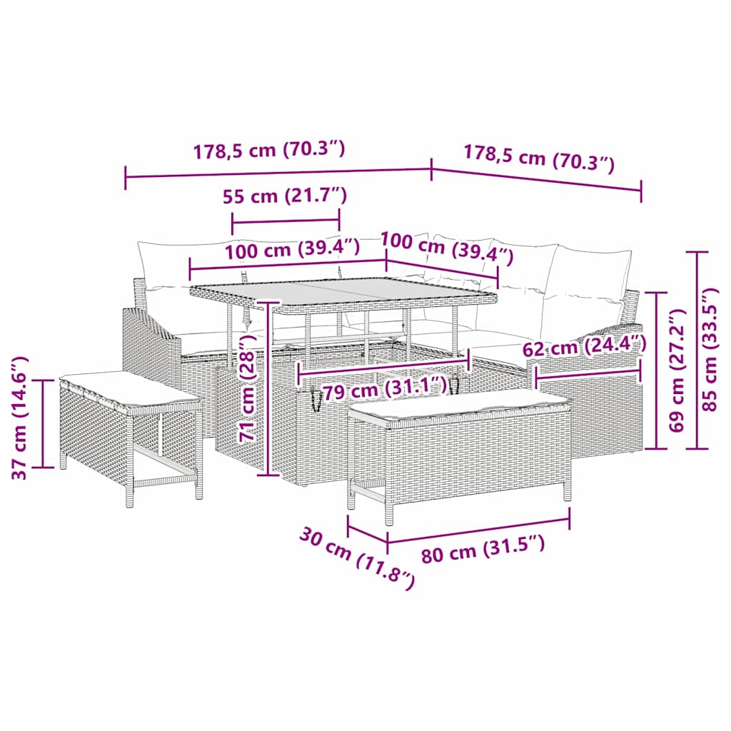 vidaXL Garten-Sofa-Set mit Kissen mit Speicher 8 pcs Schwarz