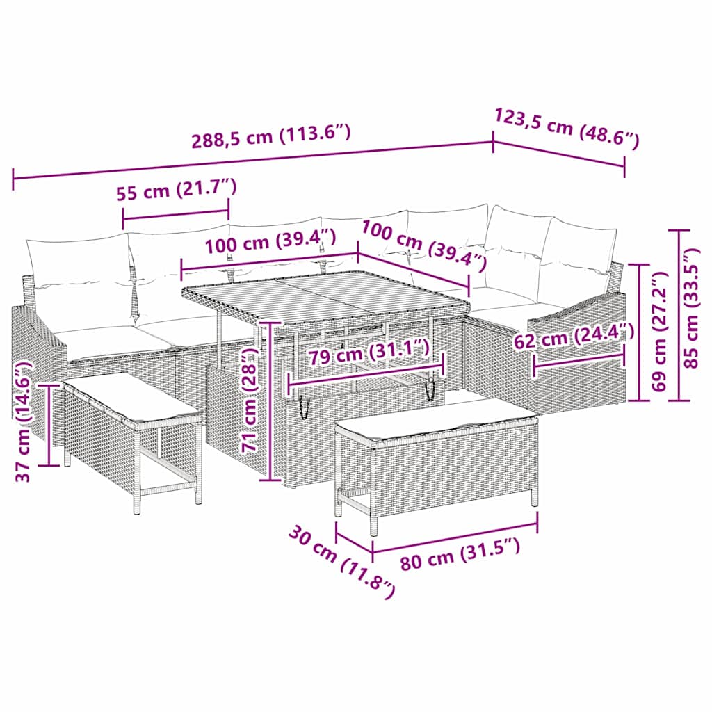 vidaXL Garten-Sofa-Set mit Kissen mit Speicher 9 pcs Schwarz