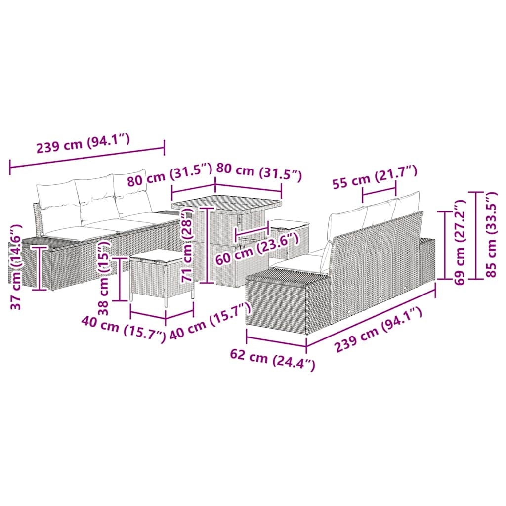 vidaXL Garten-Sofa-Set mit Kissen mit Speicher 9 pcs Schwarz