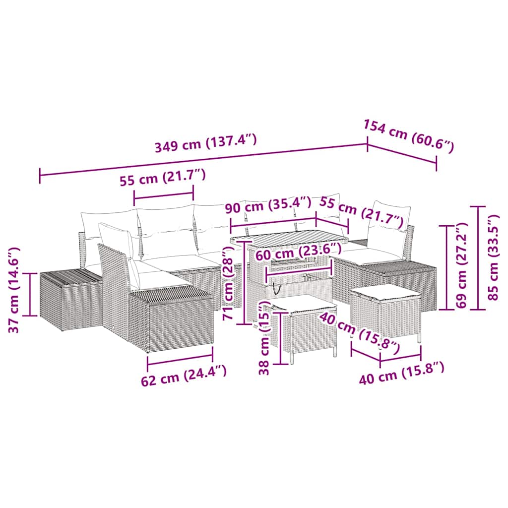 vidaXL Garten-Sofa-Set mit Kissen mit Speicher 10 pcs Schwarz