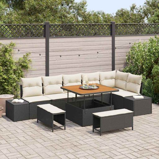 vidaXL Gartensofa-set mit Kissen 9 pcs Schwarz Poly Rattan