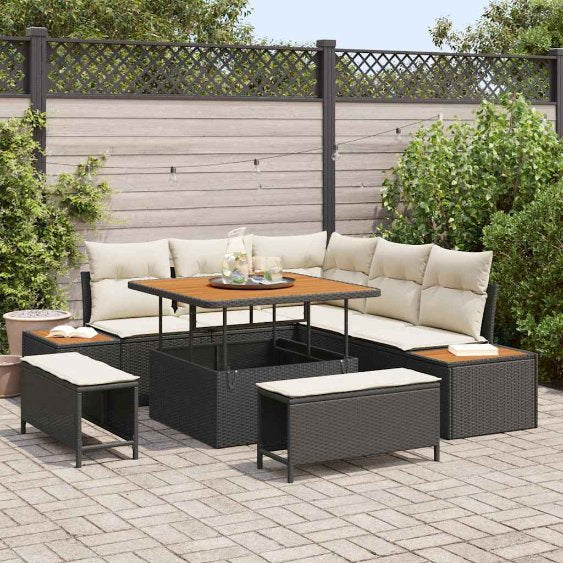 vidaXL Garten-Sofa-Set mit Kissen mit Speicher Schwarz Poly Rattan