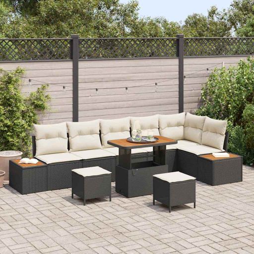vidaXL Garten-Sofa-Set mit Kissen mit Speicher Schwarz Poly Rattan