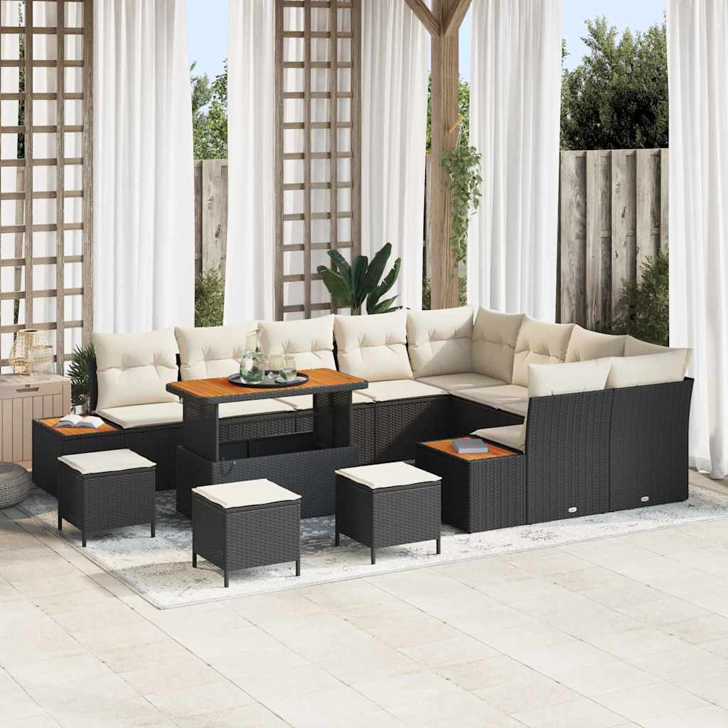 vidaXL Garten-Sofa-Set mit Kissen mit Speicher Schwarz Poly Rattan