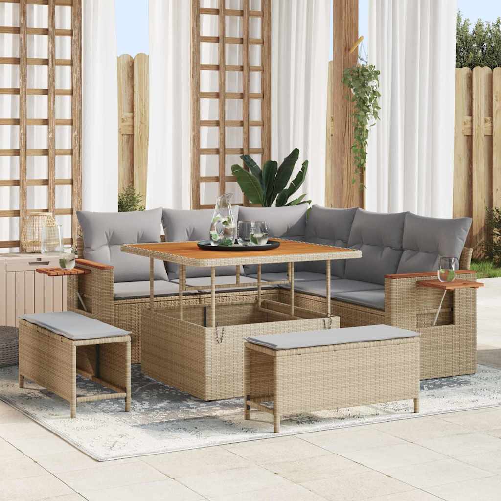 vidaXL Garten-Sofa-Set mit Kissen mit Speicher Schwarz Poly Rattan