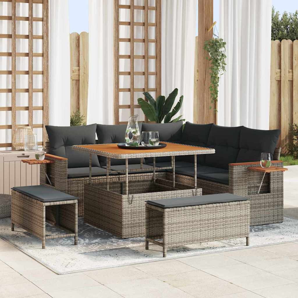 vidaXL Garten-Sofa-Set mit Kissen mit Speicher Schwarz Poly Rattan