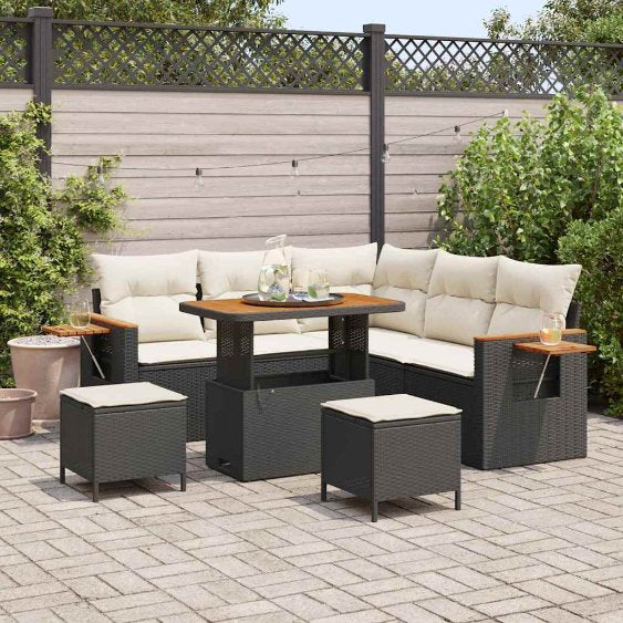 vidaXL Garten-Sofa-Set mit Kissen mit Speicher Schwarz Poly Rattan