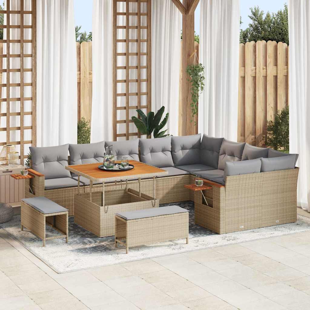 vidaXL Garten-Sofa-Set mit Kissen mit Speicher Schwarz Poly Rattan