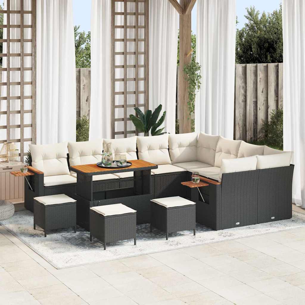 vidaXL Garten-Sofa-Set mit Kissen mit Speicher Schwarz Poly Rattan
