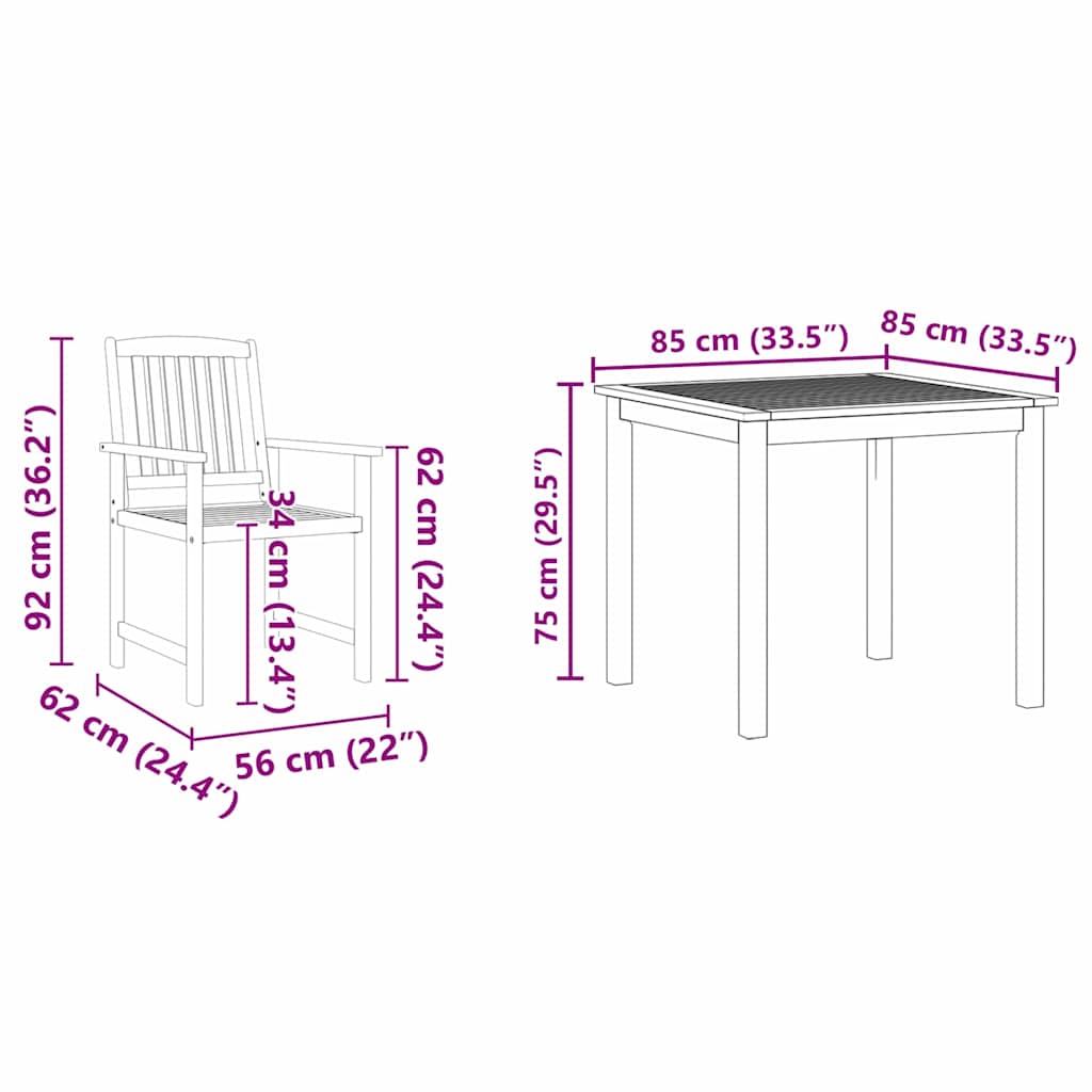 vidaXL Garten Essgruppe 3 pcs Braun Massivholz Akazie