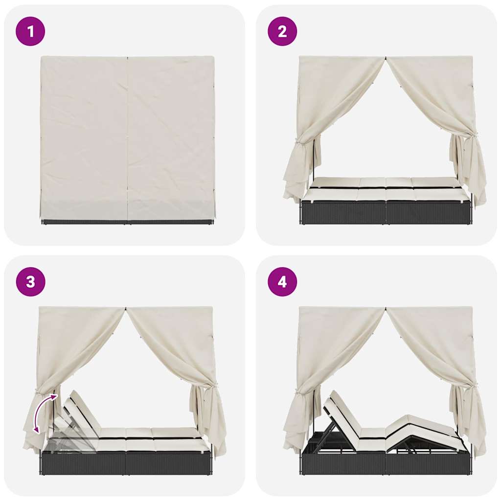 vidaXL Doppelte Sonnenliege mit Dach Schwarz 205 x 129 x 200 cm