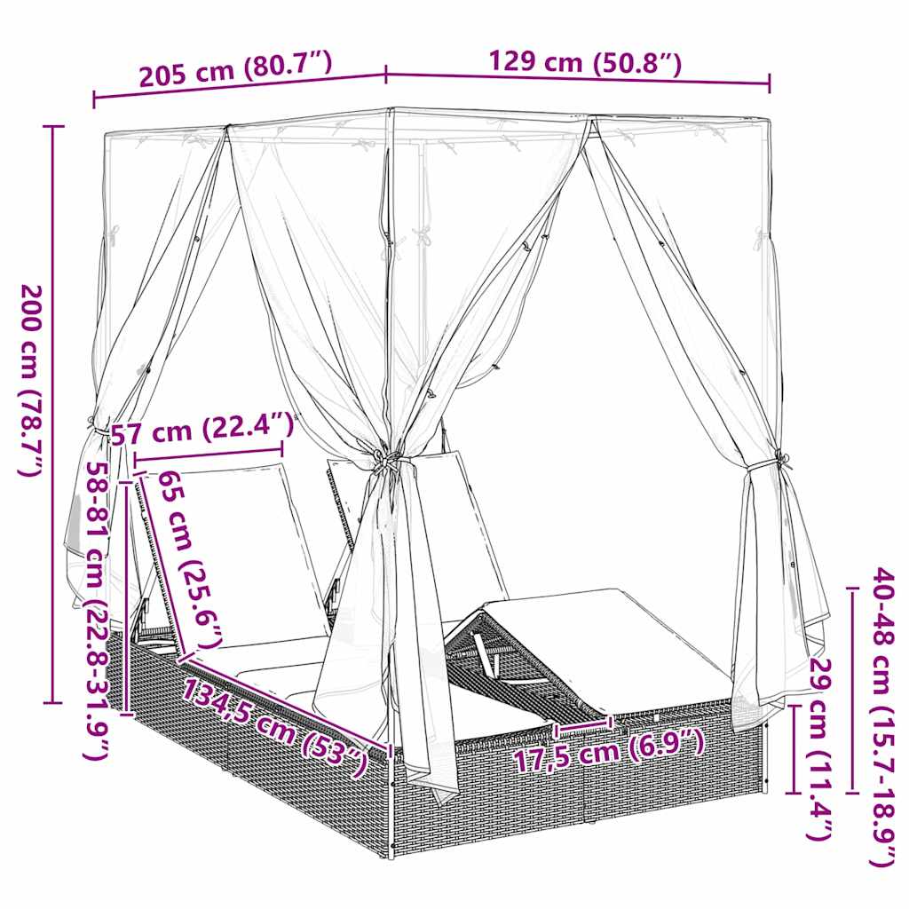 vidaXL Doppelte Sonnenliege mit Dach Schwarz 205 x 129 x 200 cm