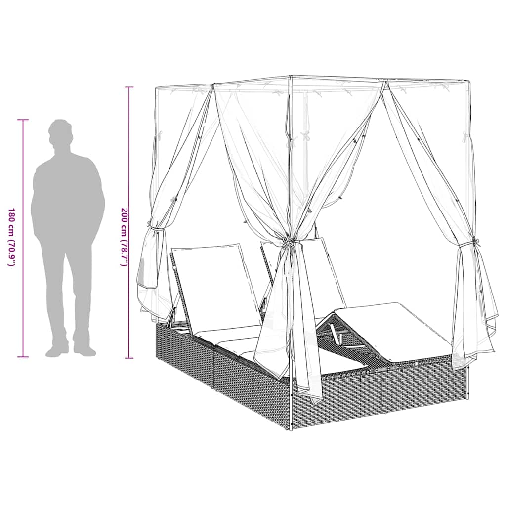 vidaXL Doppelte Sonnenliege mit Dach Schwarz 205 x 129 x 200 cm