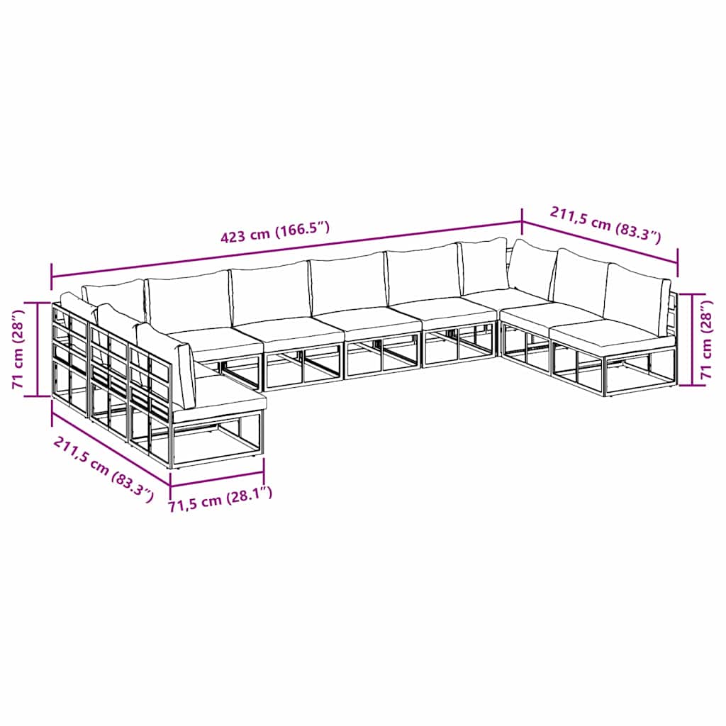 vidaXL Gartensofa-set mit Kissen 10 pcs Schwarz Aluminium