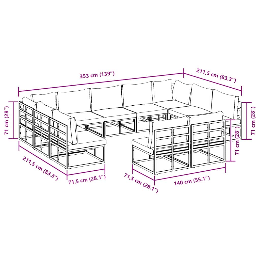 vidaXL Gartensofa-set mit Kissen 11 pcs Schwarz Aluminium
