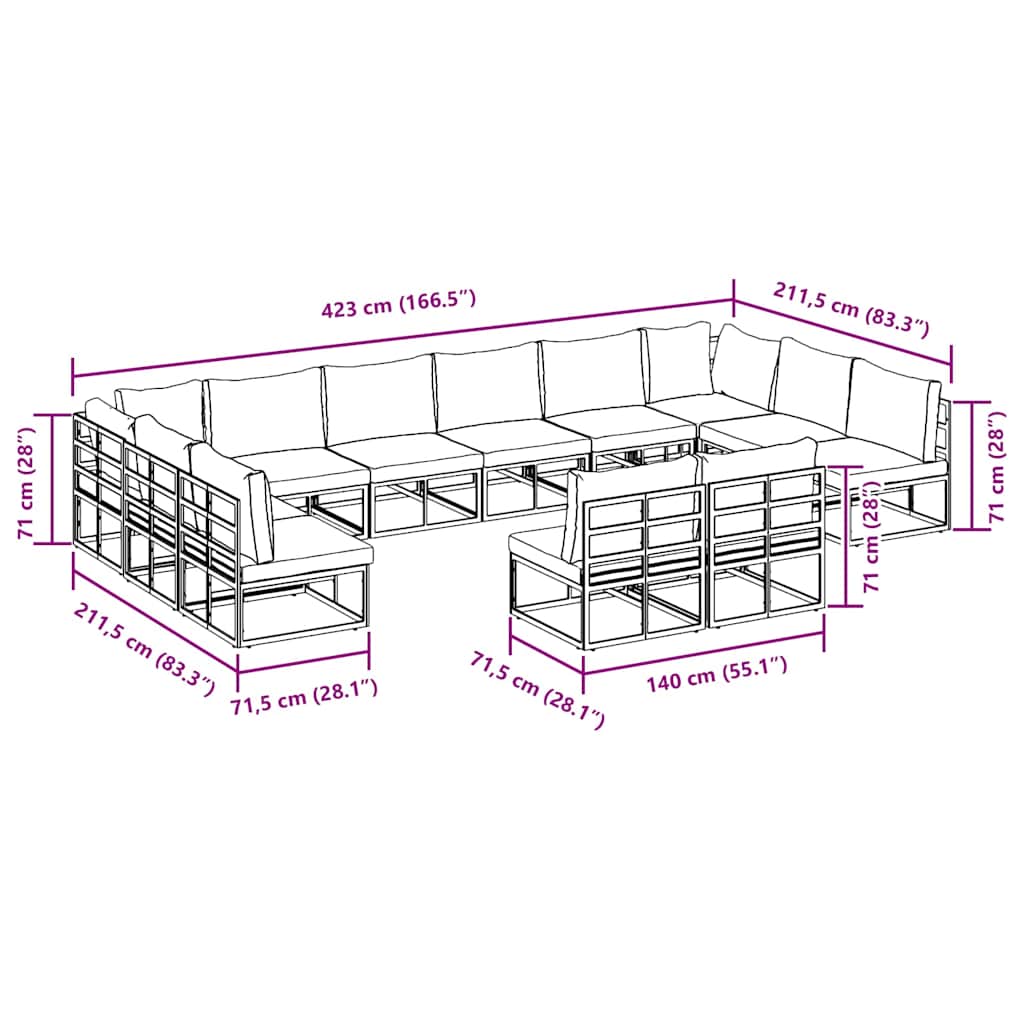 vidaXL Gartensofa-set mit Kissen 12 pcs Schwarz Aluminium