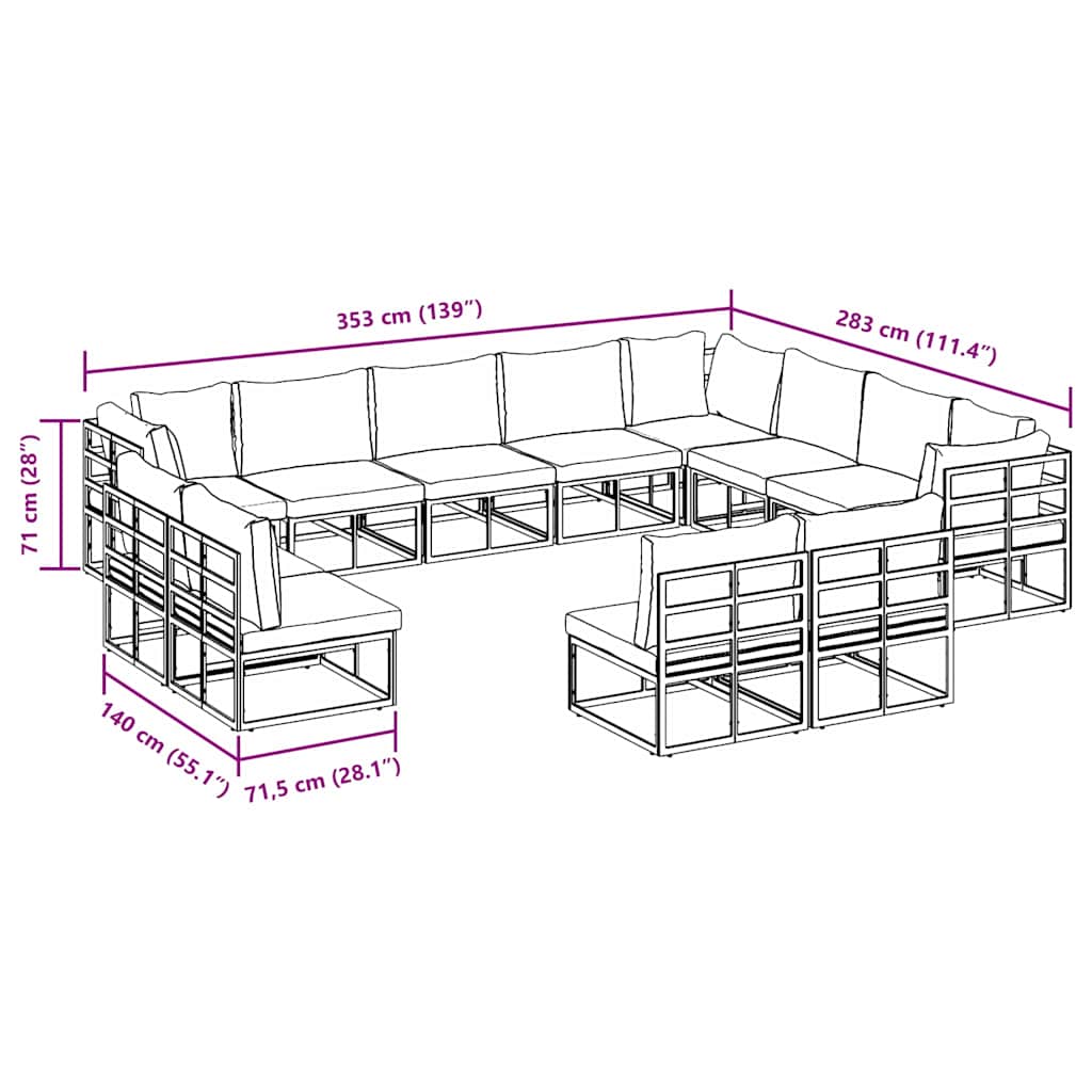 vidaXL Gartensofa-set mit Kissen 12 pcs Schwarz Aluminium