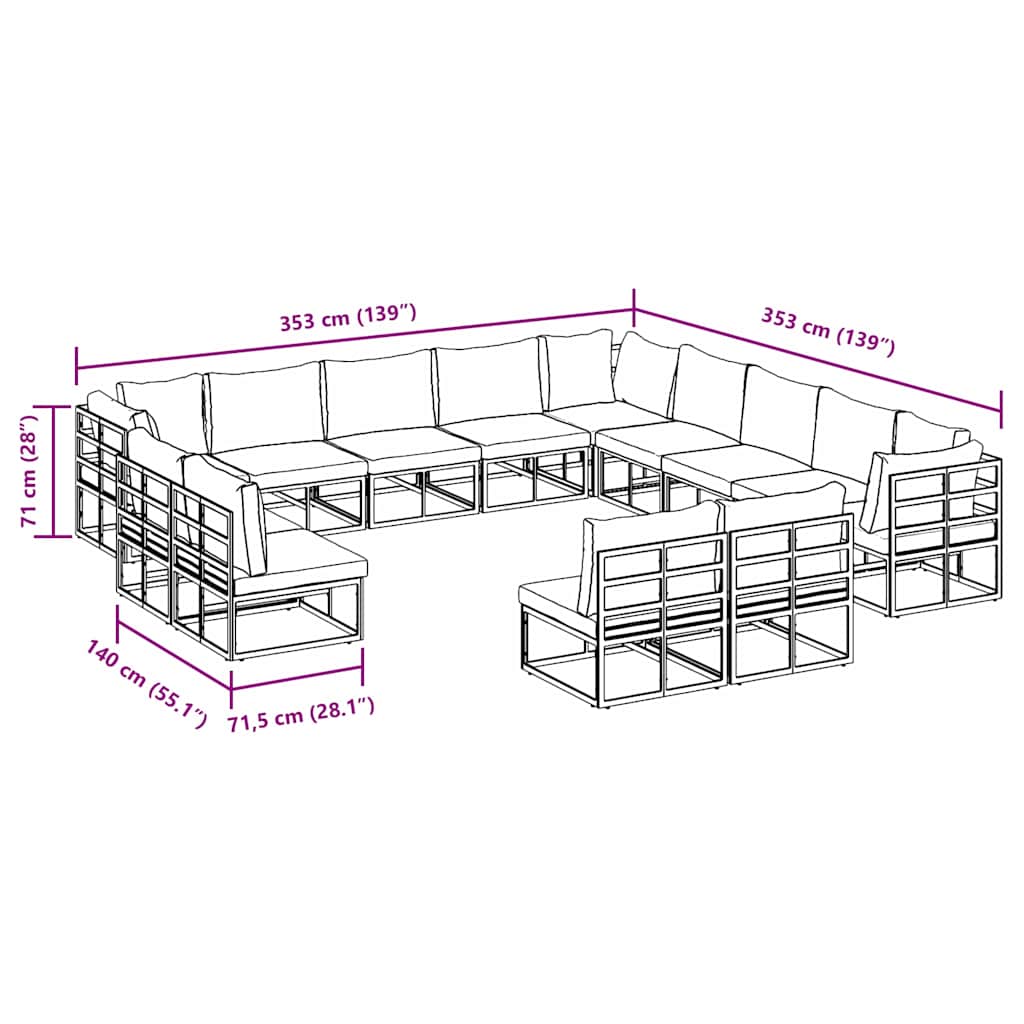 vidaXL Gartensofa-set mit Kissen 13 pcs Schwarz Aluminium