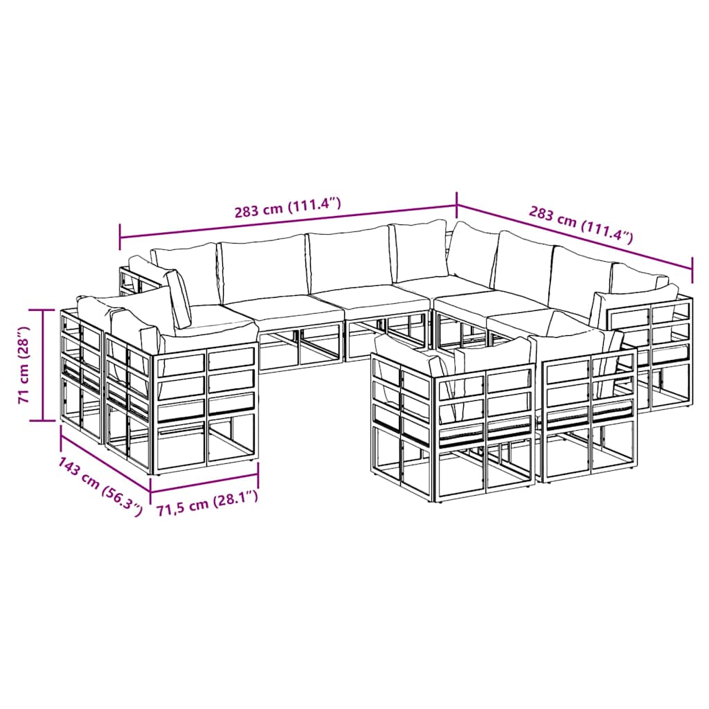 vidaXL Gartensofa-set mit Kissen 11 pcs Schwarz Aluminium