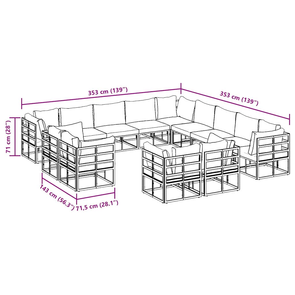 vidaXL Gartensofa-set mit Kissen 13 pcs Schwarz Aluminium