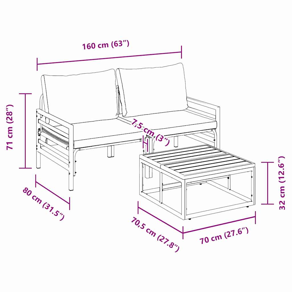 vidaXL Gartensofa-set mit Kissen 3 pcs Schwarz Stahl
