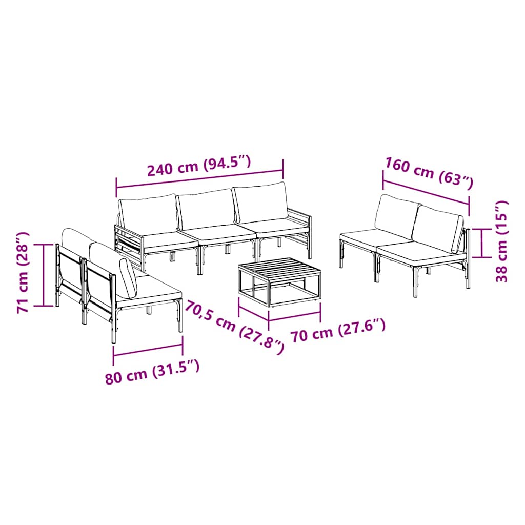 vidaXL Gartensofa-set mit Kissen 8 pcs Schwarz Stahl