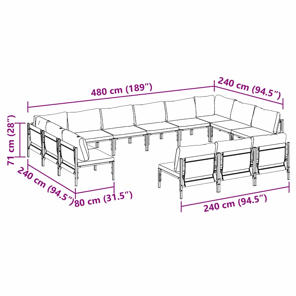 vidaXL Gartensofa-set mit Kissen 13 pcs Schwarz Stahl