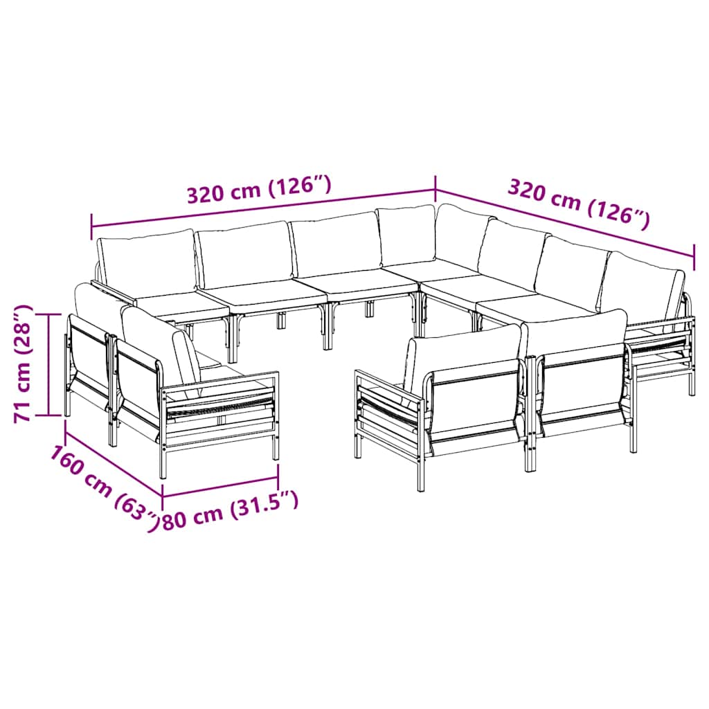 vidaXL Gartensofa-set mit Kissen 11 pcs Schwarz Stahl