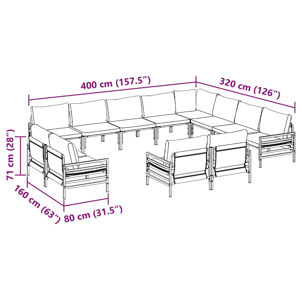 vidaXL Gartensofa-set mit Kissen 12 pcs Schwarz Stahl