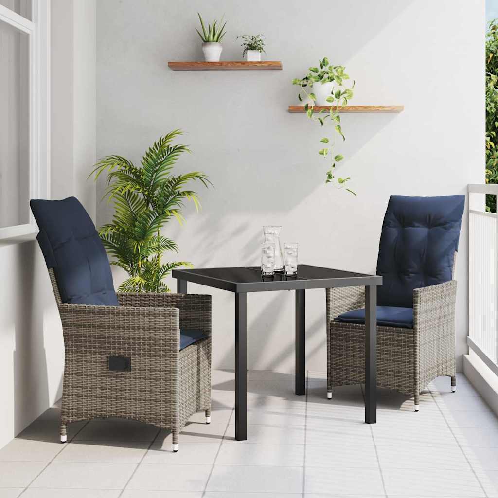 vidaXL Tisch- und Stuhlset mit Kissen 3 pcs Grau PE-Rattan