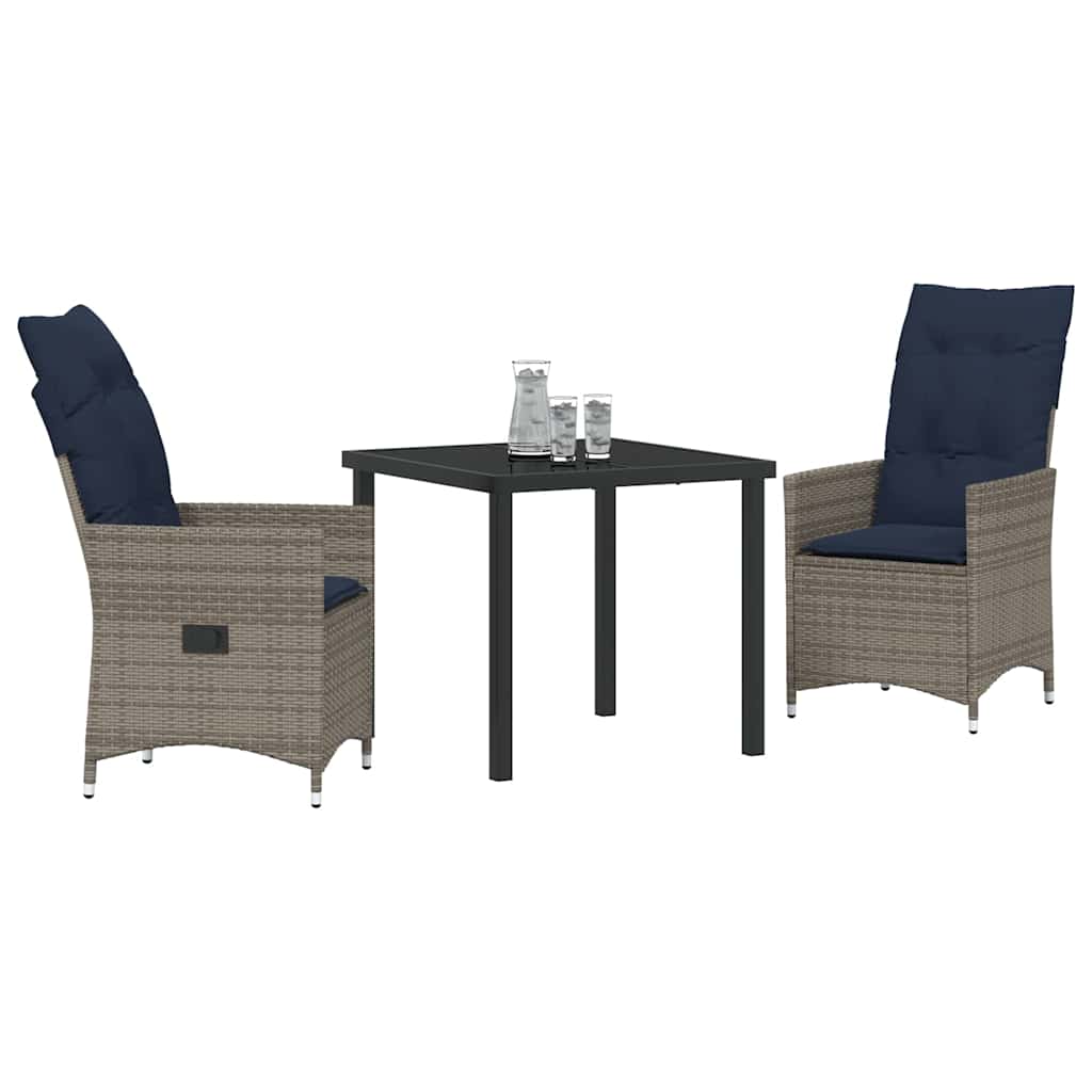 vidaXL Tisch- und Stuhlset mit Kissen 3 pcs Grau PE-Rattan