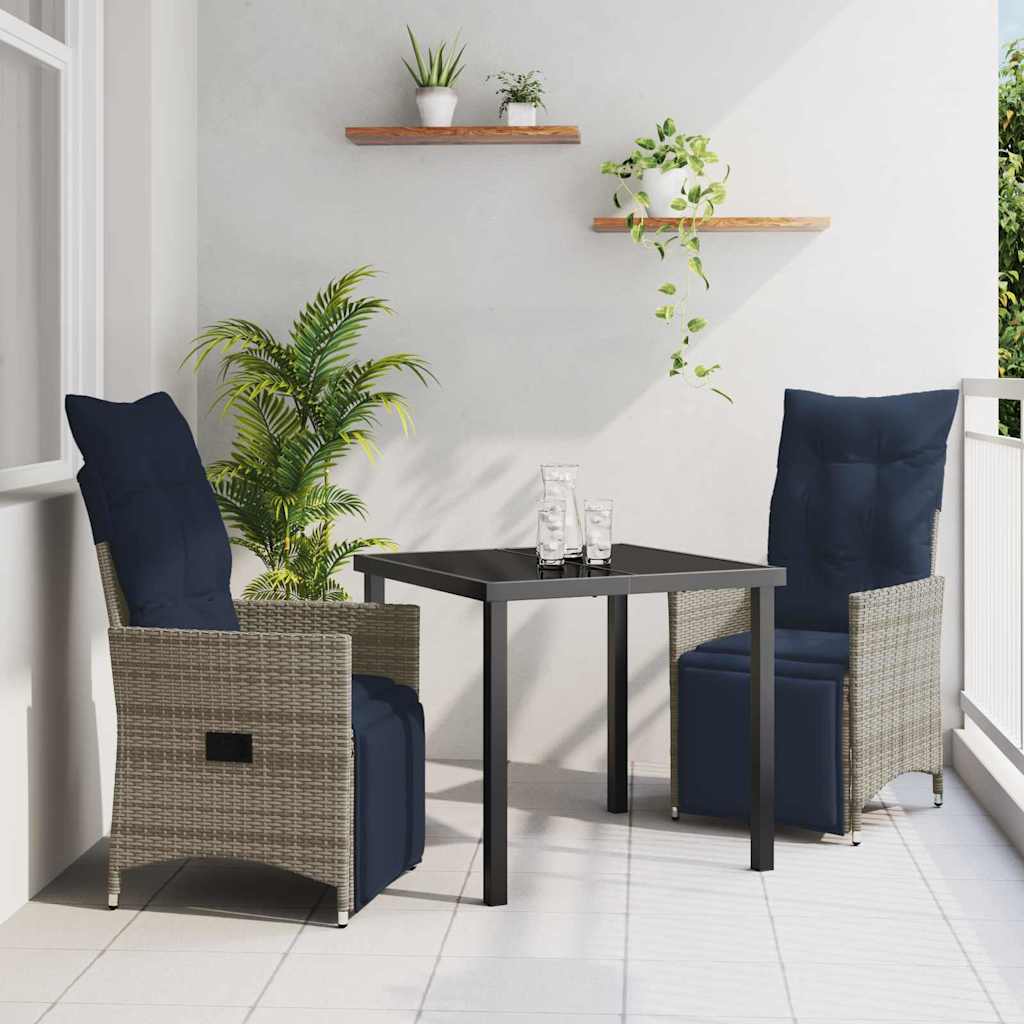 vidaXL Tisch- und Stuhlset mit Kissen 3 pcs Grau PE-Rattan