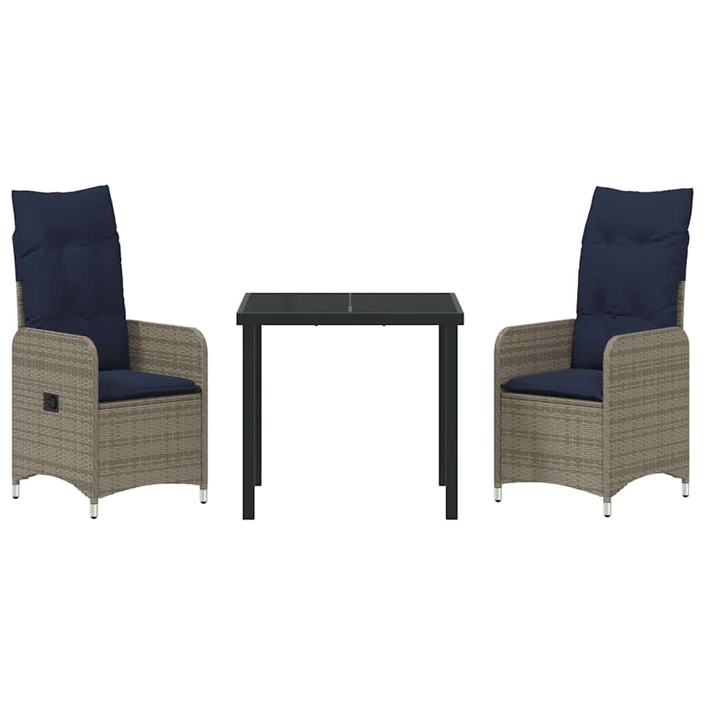 vidaXL Tisch- und Stuhlset mit Kissen 3 pcs Grau PE-Rattan