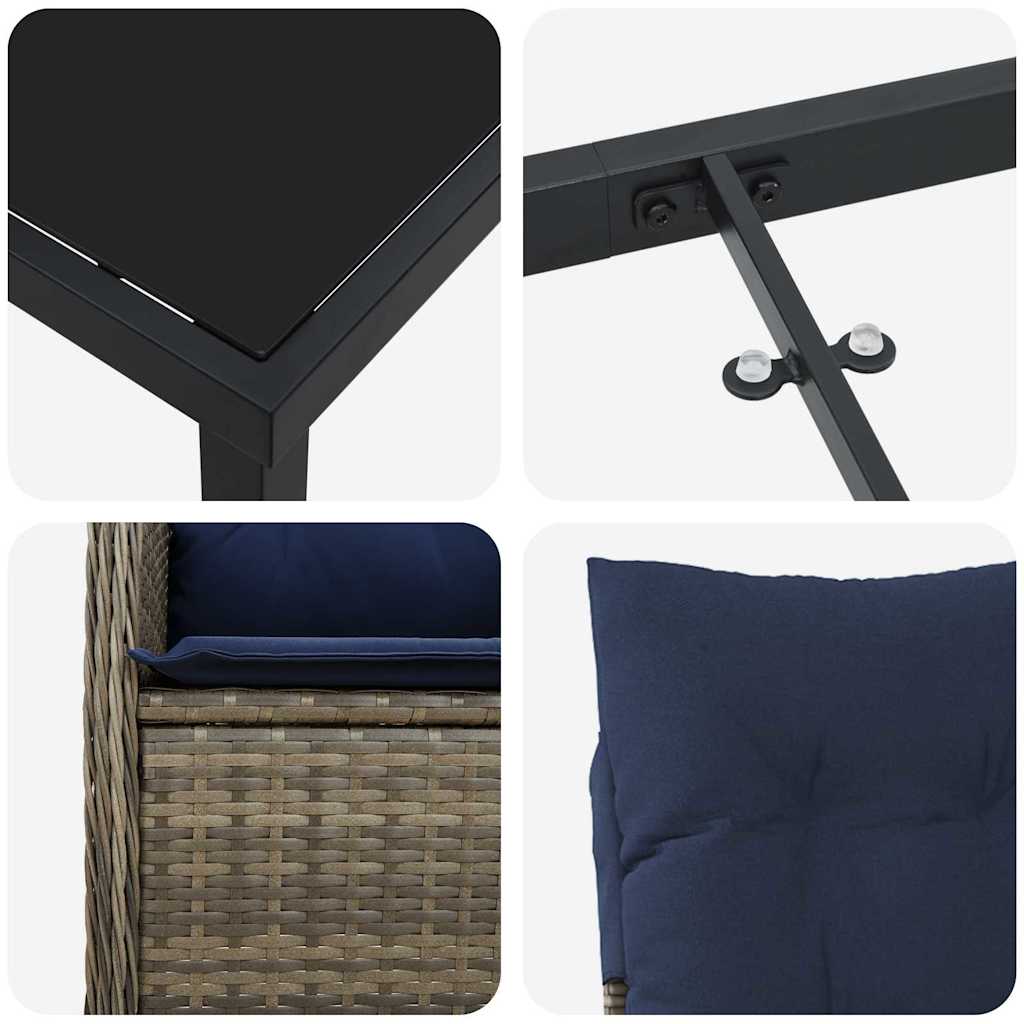 vidaXL Tisch- und Stuhlset mit Kissen 3 pcs Grau PE-Rattan