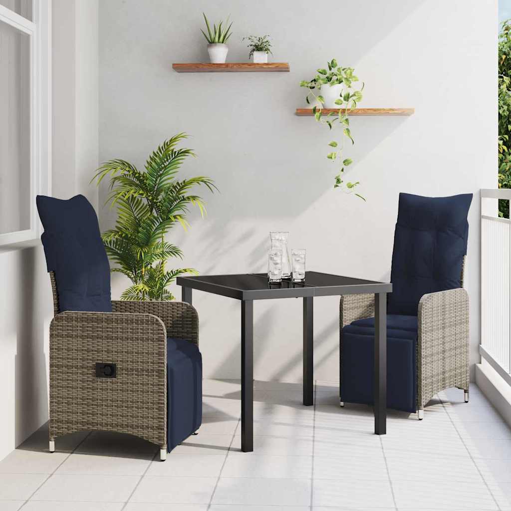 vidaXL Tisch- und Stuhlset mit Kissen 3 pcs Grau PE-Rattan