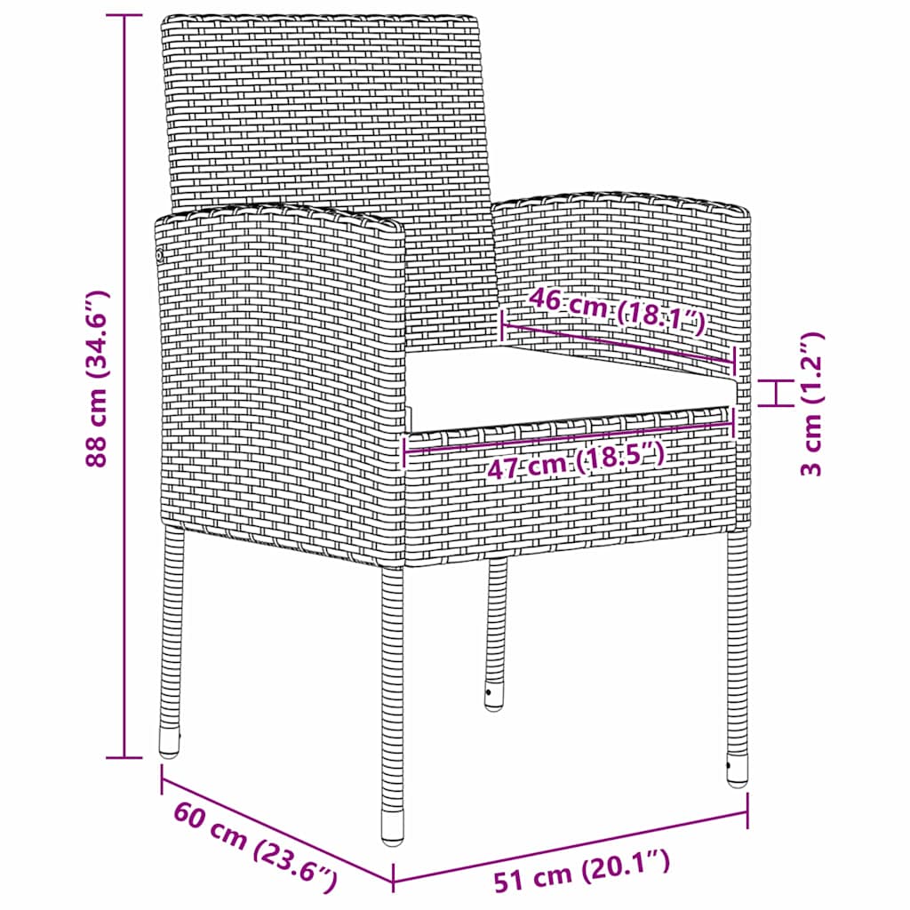 vidaXL Garten Essgruppe mit Kissen 3 pcs Schwarz Poly-Rattan