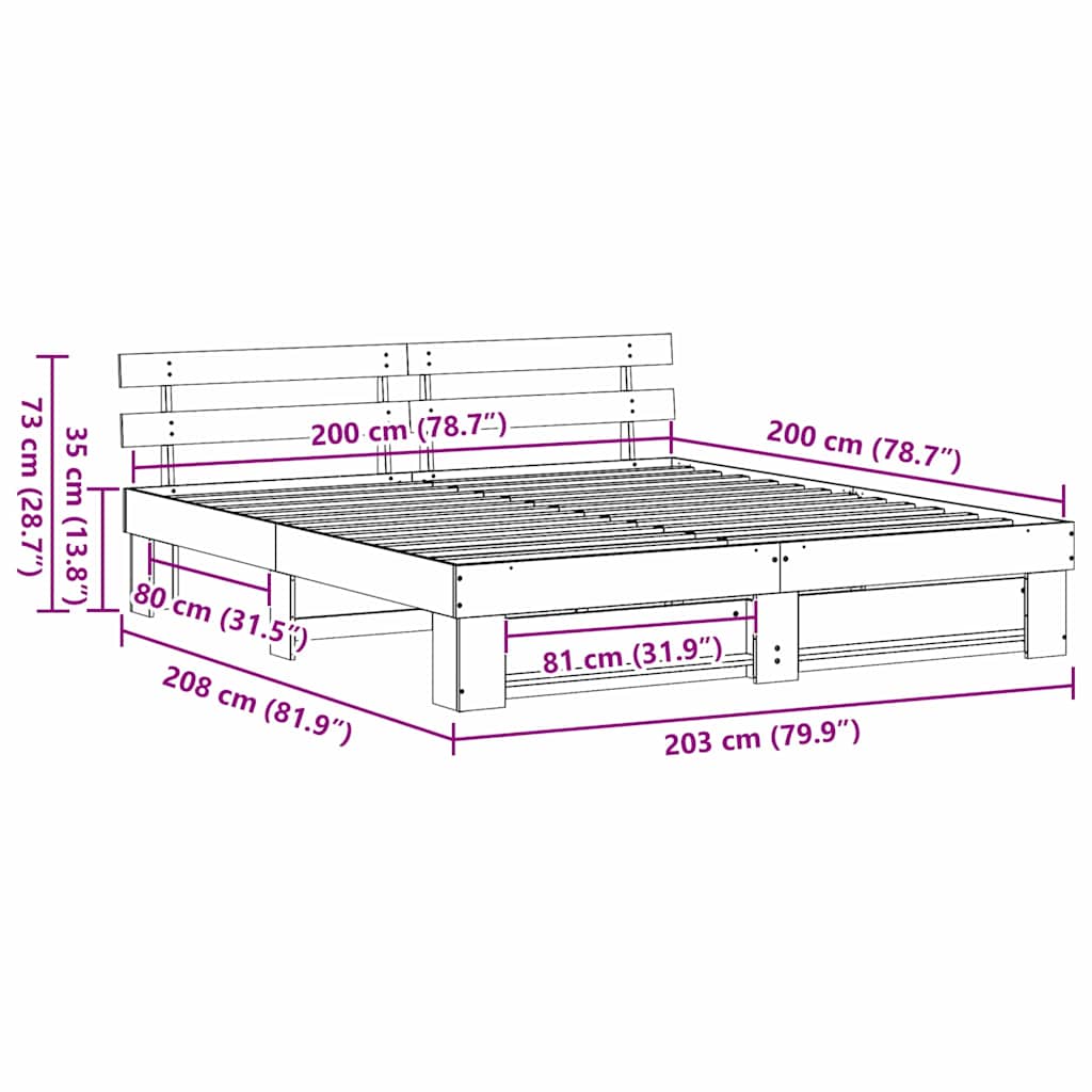 vidaXL Bettrahmen mit Kopfteil Braun 200 x 200 cm Massives Kiefernholz