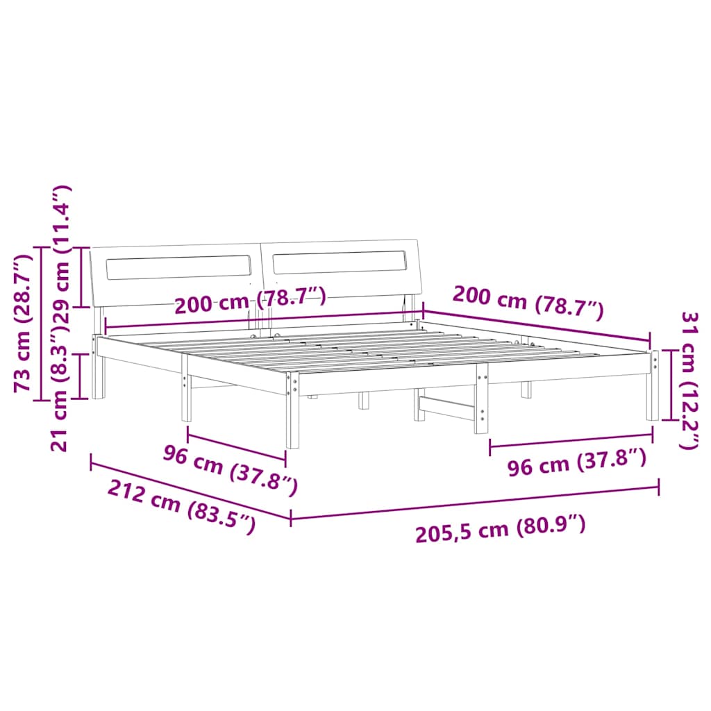 vidaXL Bettrahmen mit Kopfteil Braun 200 x 200 cm Massives Kiefernholz
