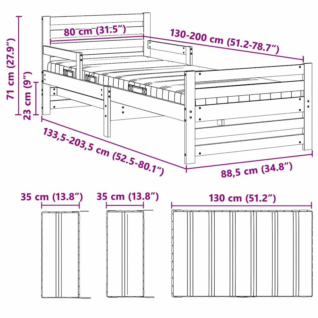 vidaXL Bettrahmen mit Matratze Braun 80 x 200 cm Massives Kiefernholz