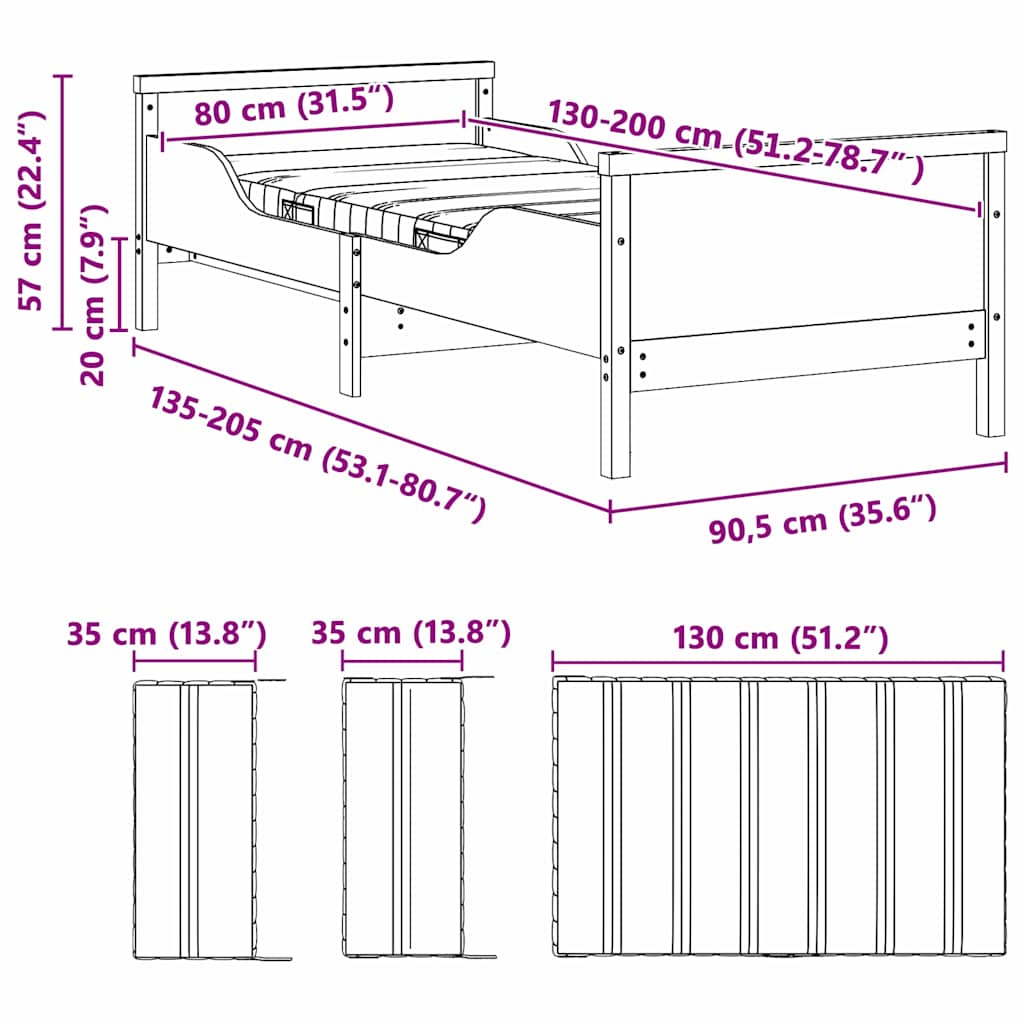 vidaXL Bettrahmen mit Matratze Braun 80 x 200 cm Massives Kiefernholz