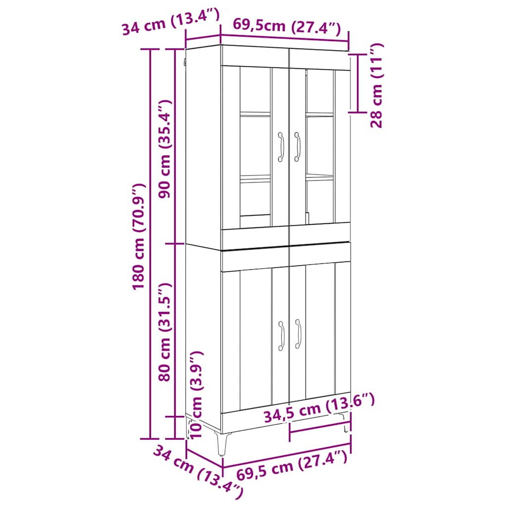 vidaXL Highboard Altholz 69,5 x 34 x 180 cm Holzwerkstoff