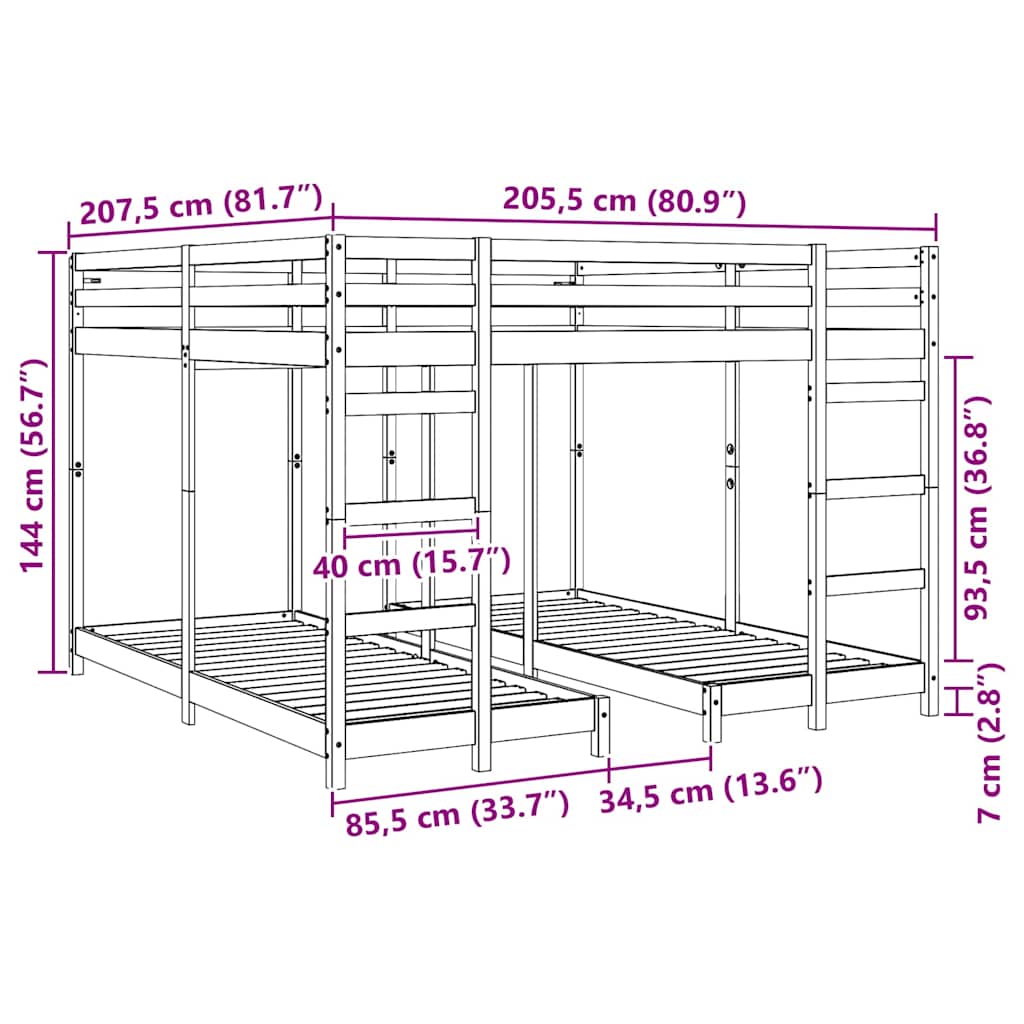vidaXL Dreifach Etagenbettrahmen Natur 80 / 200 x 200 cm