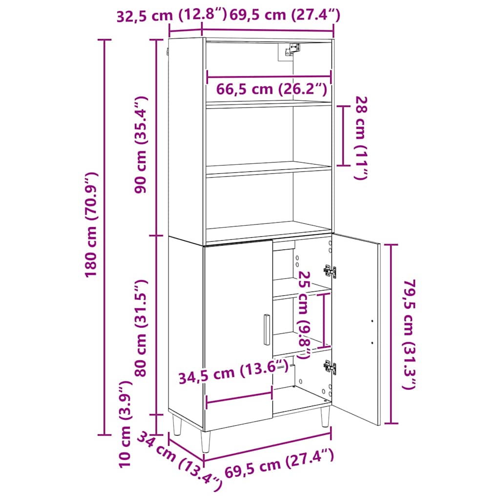 vidaXL Highboard Altholz 69,5 x 32,5 x 180 cm Holzwerkstoff
