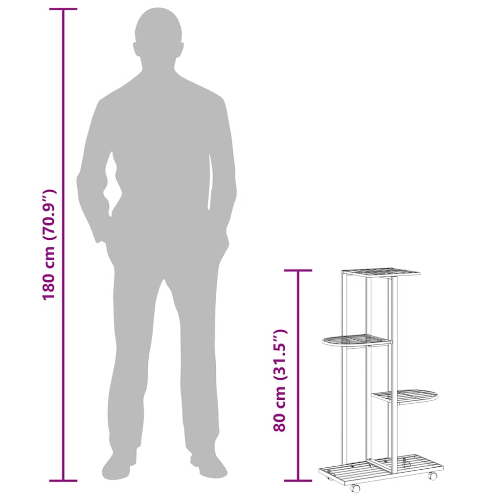 vidaXL Blumenständer 4-Etagen mit Rollen 44x23x80 cm Schwarz Eisen