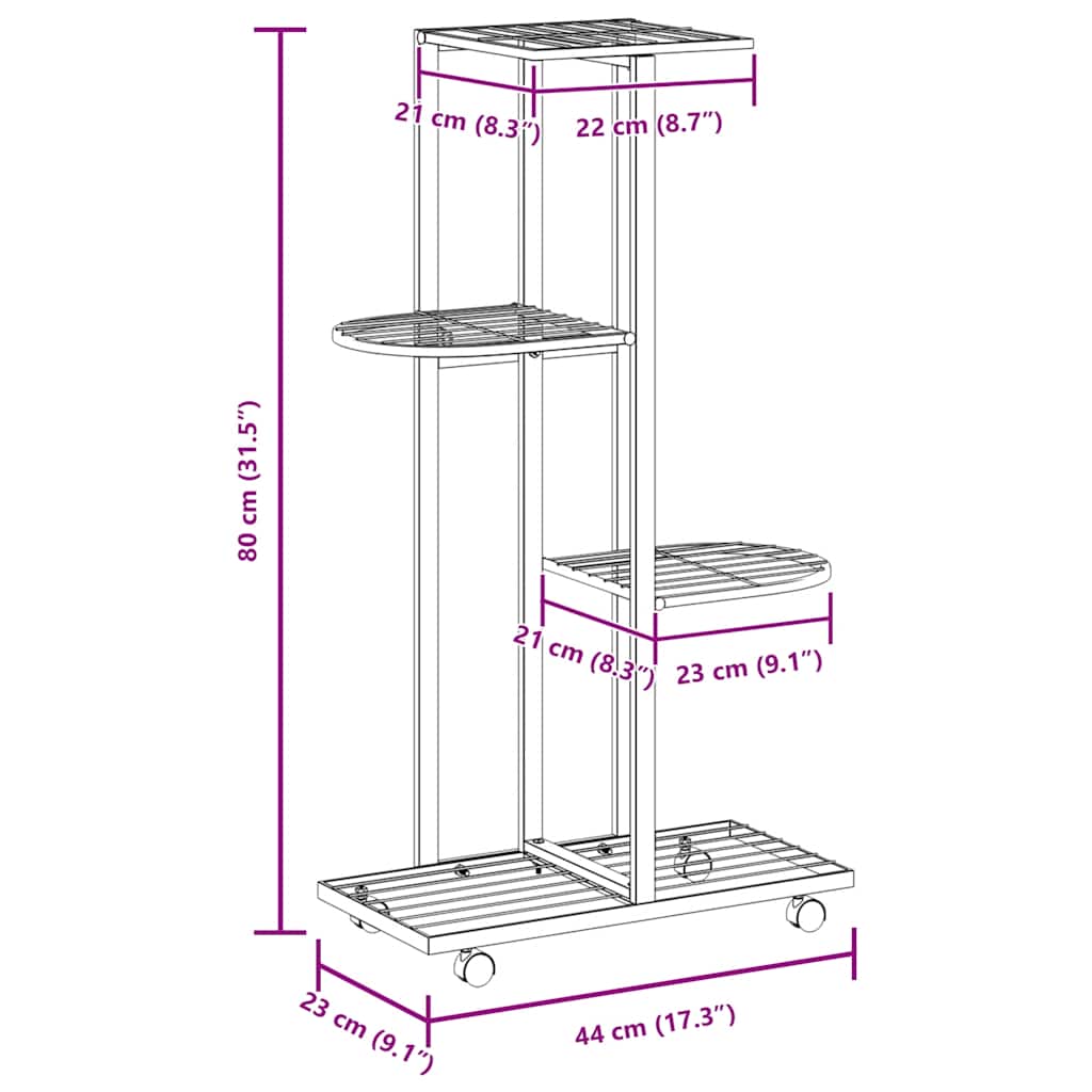 vidaXL Blumenständer 4-Etagen mit Rollen 44x23x80 cm Schwarz Eisen